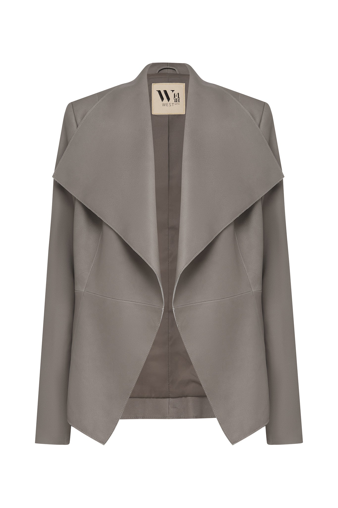 Grey leather waterfall outlet jacket