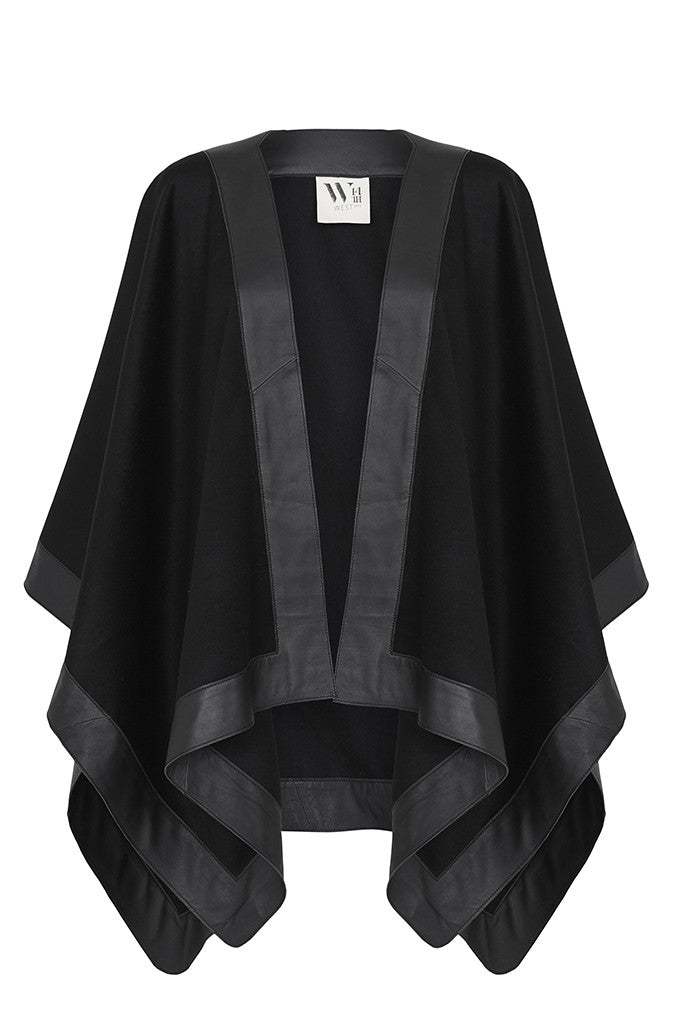 Lexington Wrap Cape in Black Wool & Leather