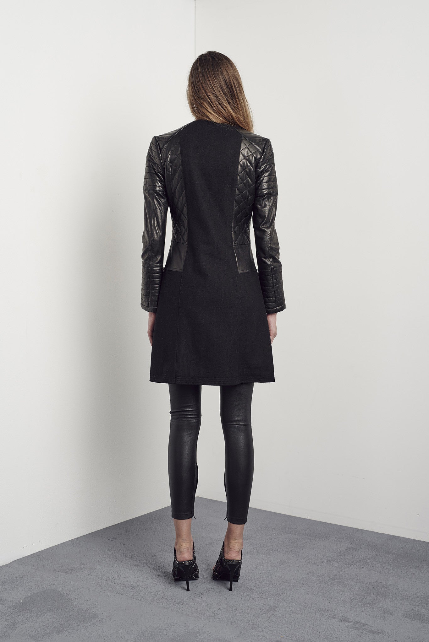 Greenwich Drape Coat in Black Wool & Leather