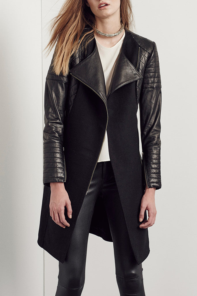 Greenwich Drape Coat in Black Wool & Leather