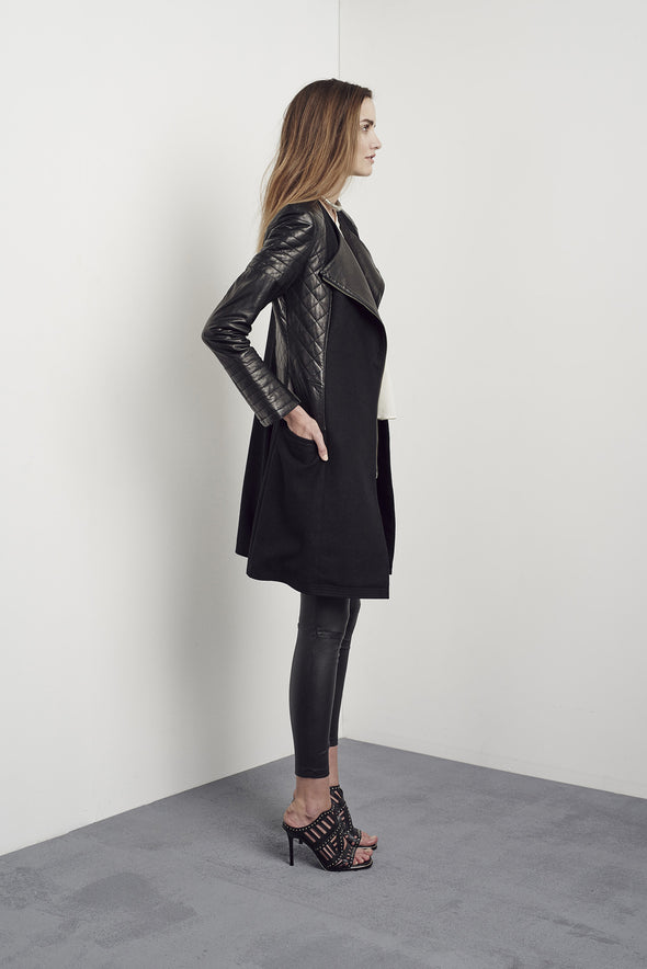 Greenwich Drape Coat in Black Wool & Leather