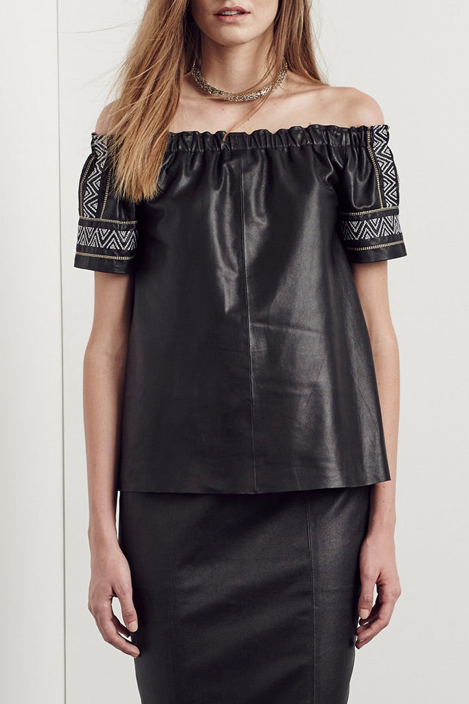 Lucius Cold Shoulder Top Black Leather - SAMPLE