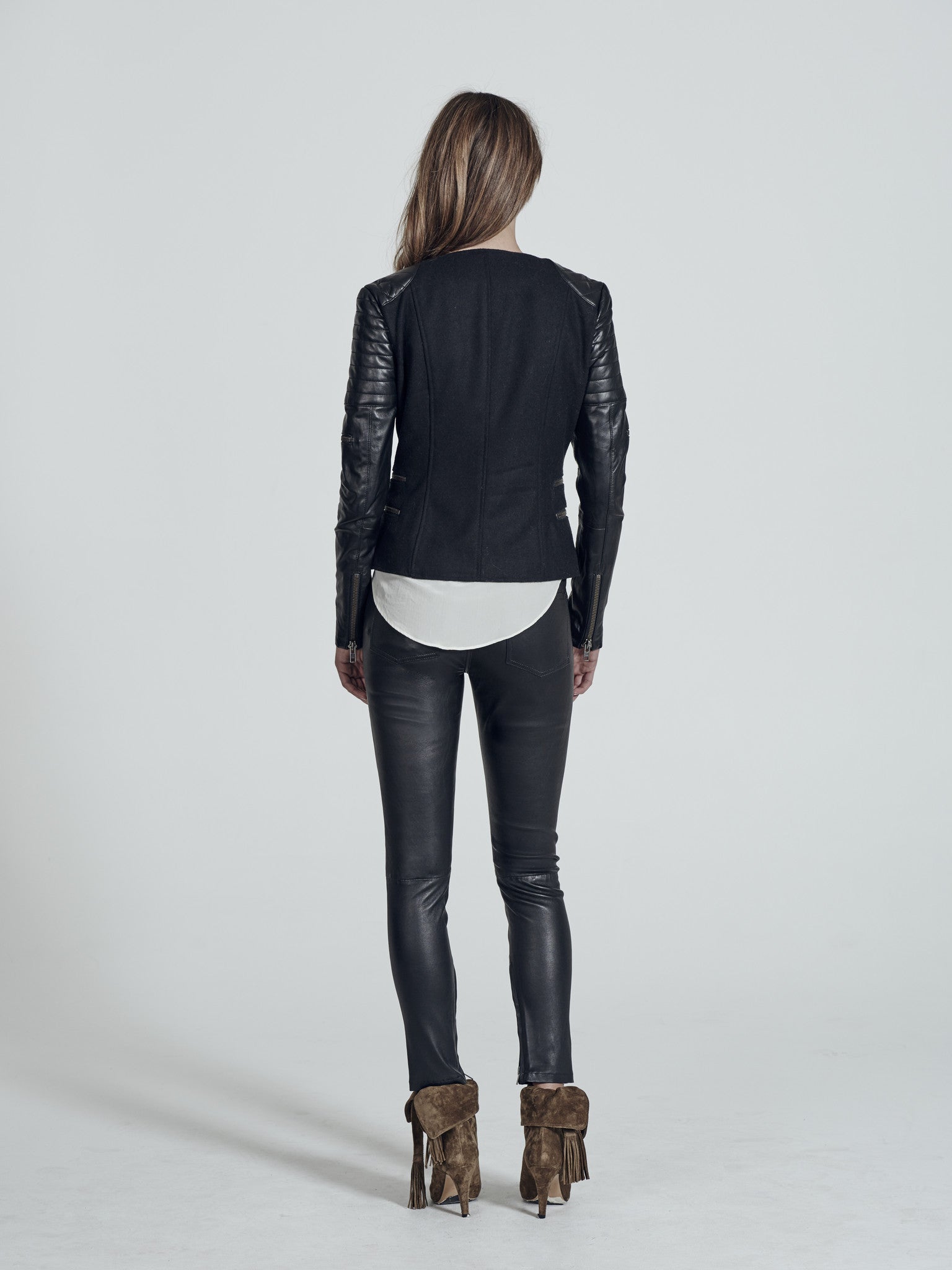 Greenwich St Motor Jacket in Black Wool & Black Leather