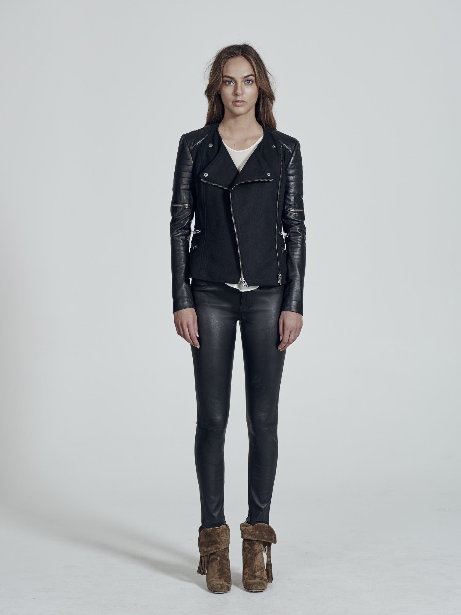 Greenwich St Motor Jacket in Black Wool & Black Leather