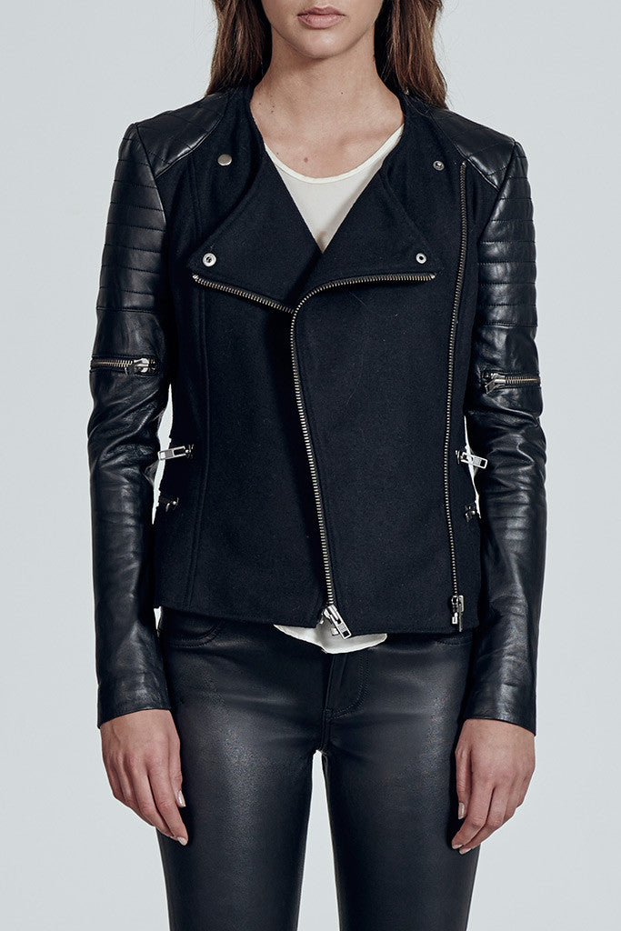 Greenwich St Motor Jacket in Black Wool & Black Leather