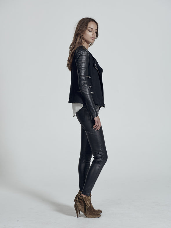 Greenwich St Motor Jacket in Black Wool & Black Leather