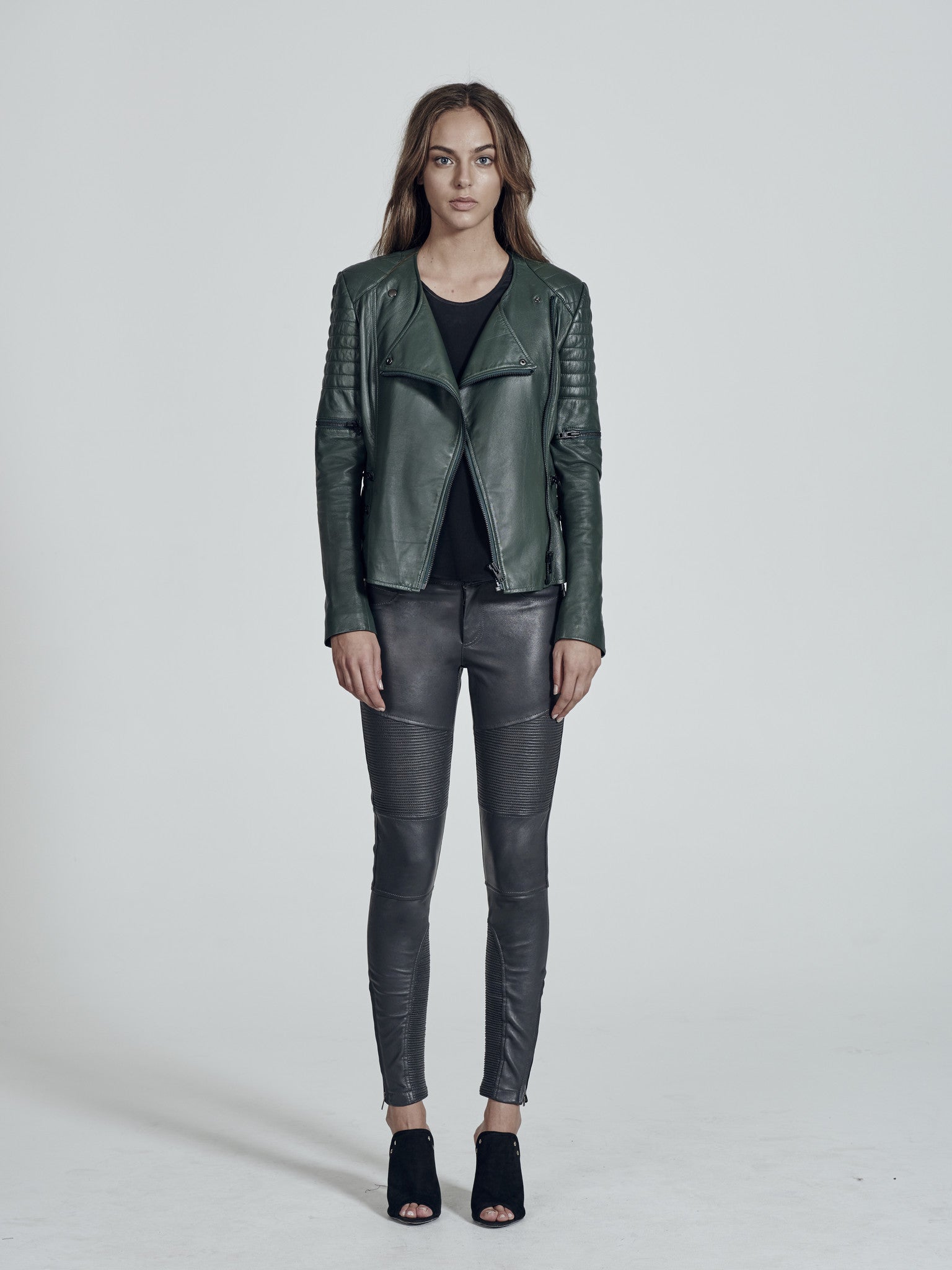 Greenwich Street Motor Jacket Forest Green Leather - SAMPLE