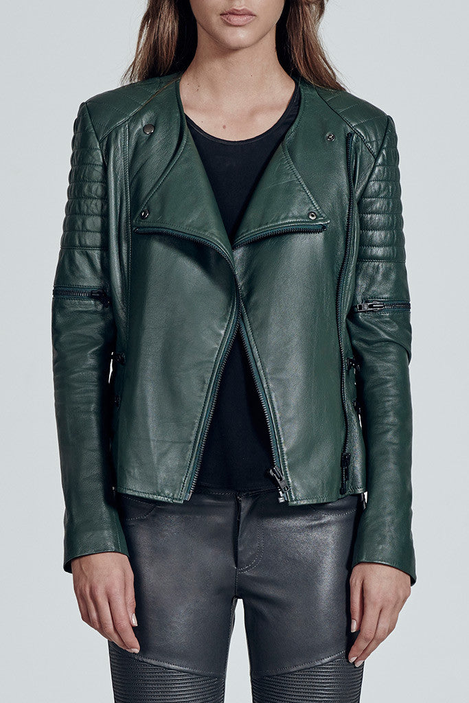 Greenwich Street Motor Jacket Forest Green Leather - SAMPLE