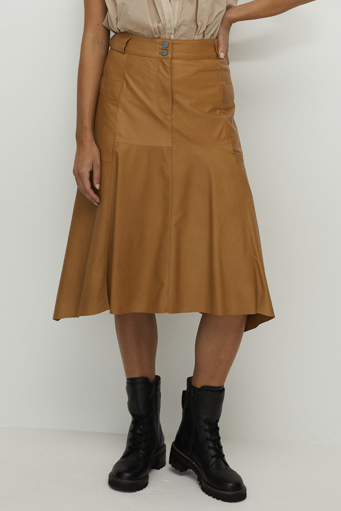Women Brown Leather Skirt Lambskin High Waist Brown Leather Midi Skirt