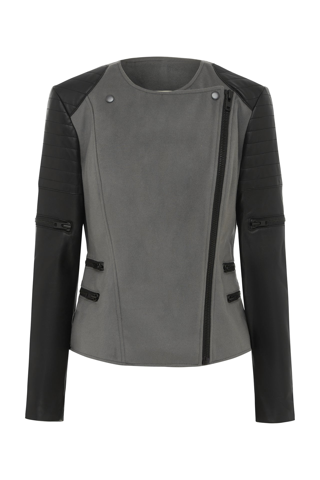 Greenwich St Motor Jacket in Grey Wool & Black Leather