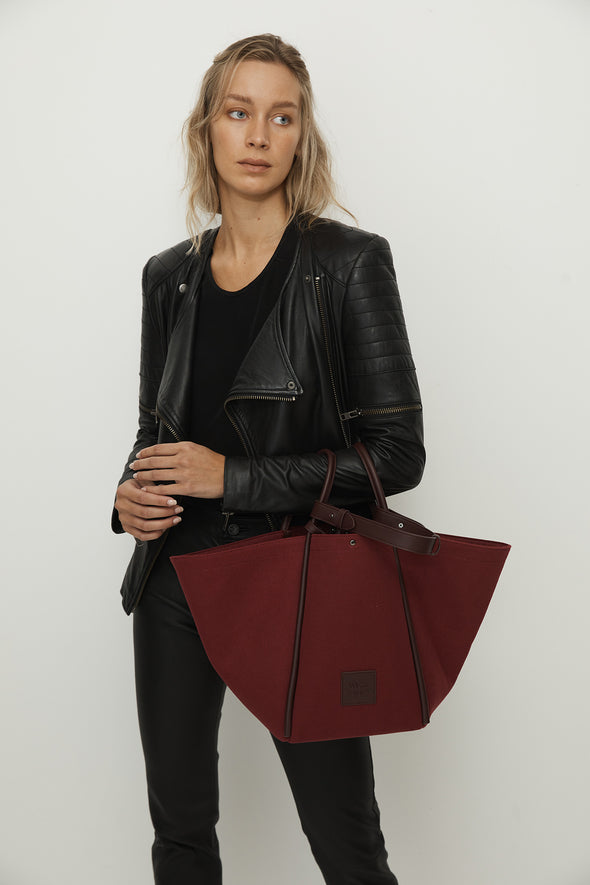 Fifth Avenue Tote Shoulder Bag Burgundy Canvas & Leather