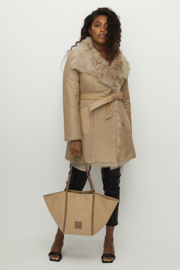Fifth Avenue Tote Shoulder Bag Camel Canvas & Leather