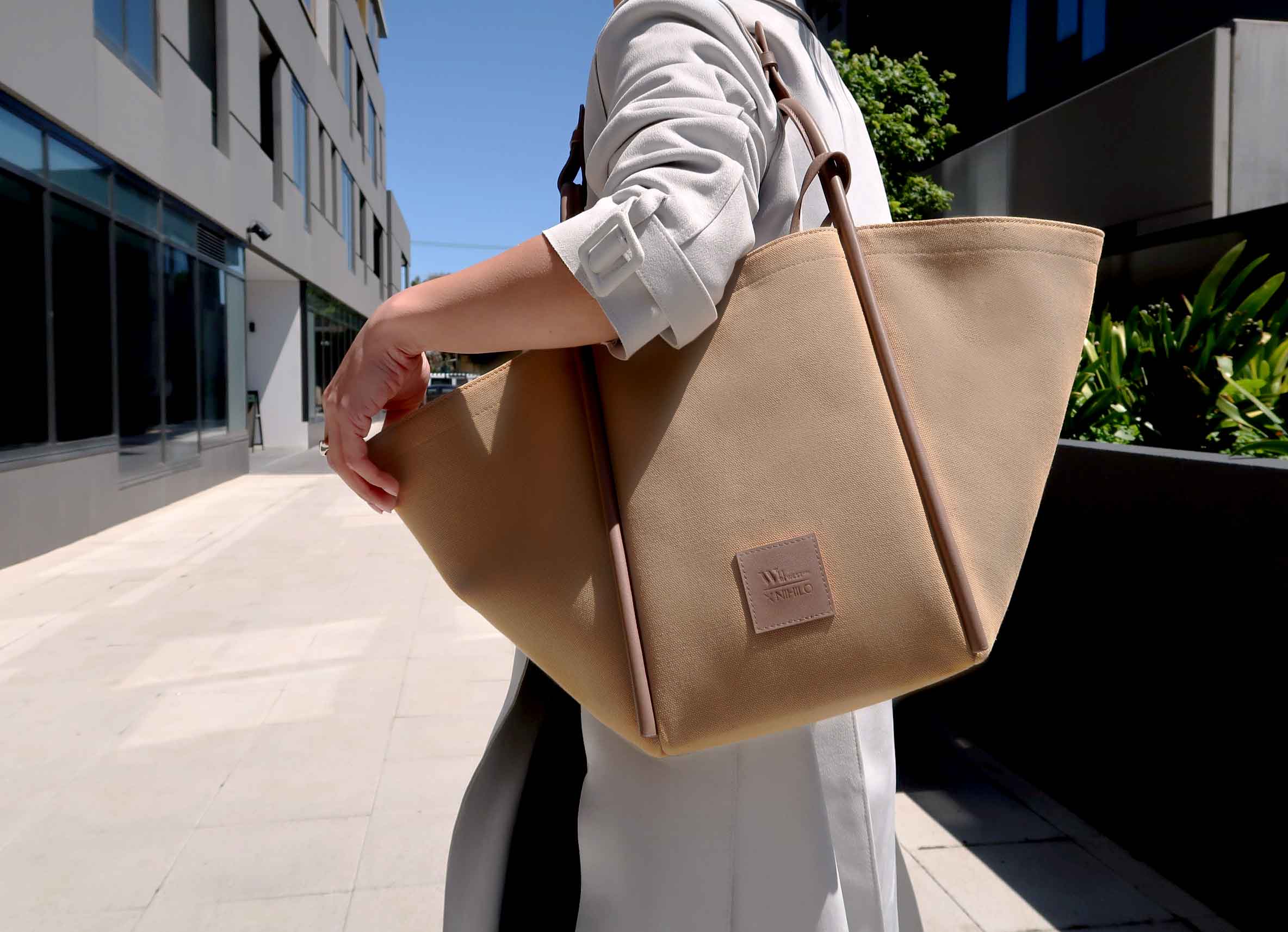 Fifth Avenue Tote Shoulder Bag Camel Canvas Leather