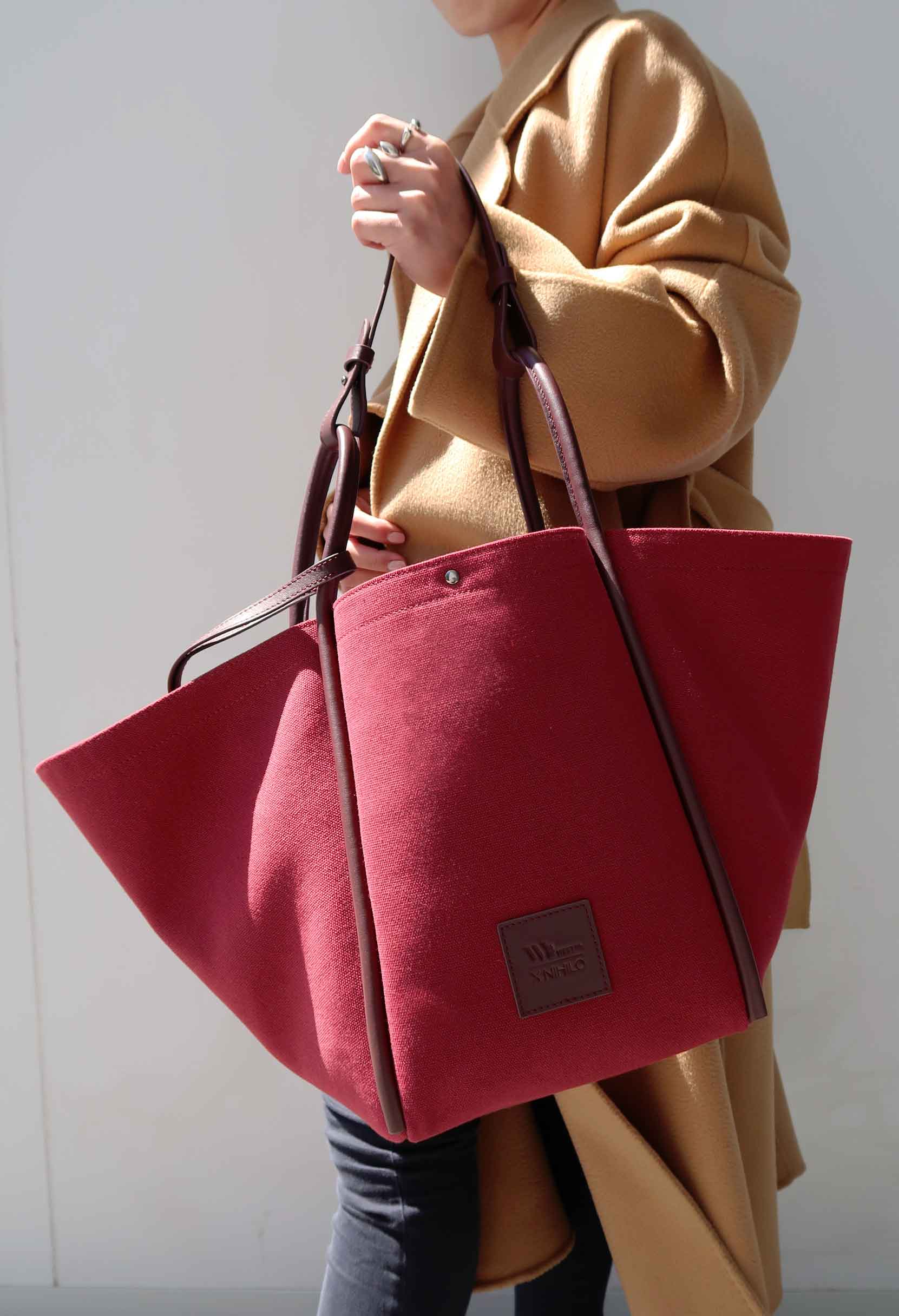 Fifth Avenue Tote Shoulder Bag Burgundy Canvas Leather