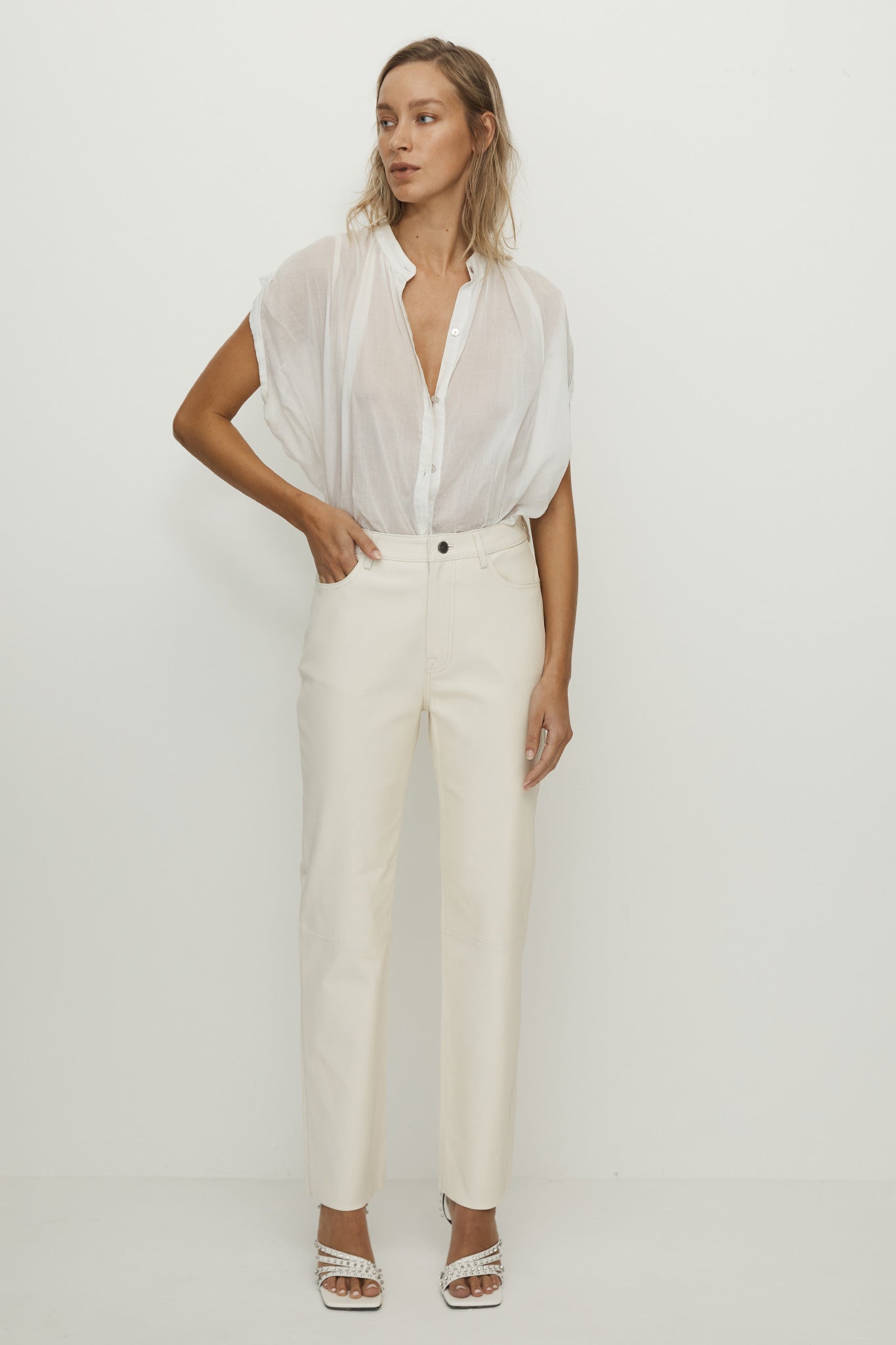 Grove Straight Leg Pant Seashell White Stretch Leather