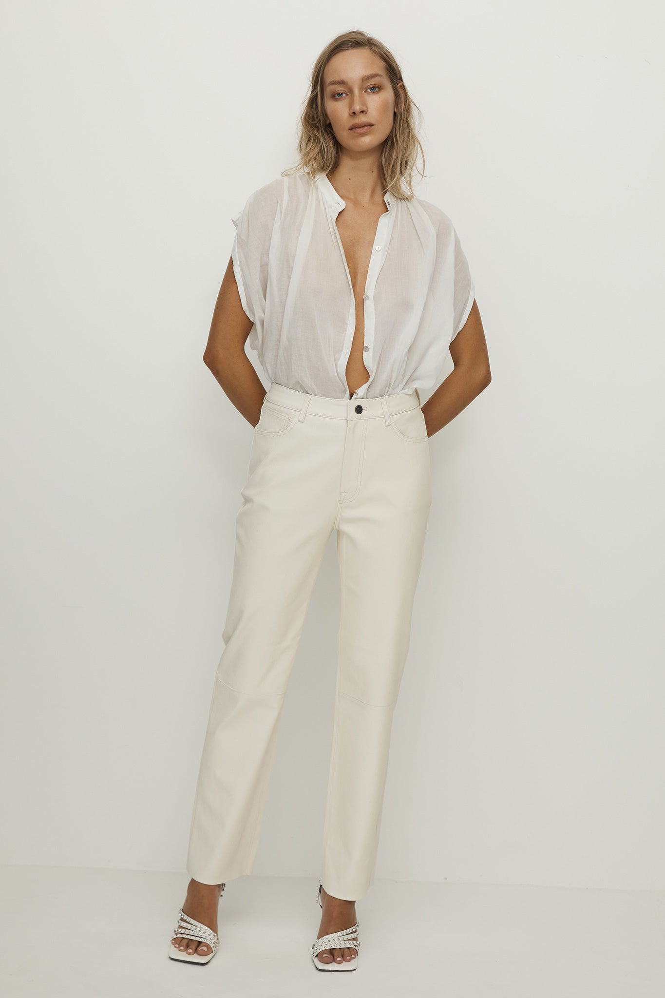 Grove Straight Leg Pant Seashell White Stretch Leather