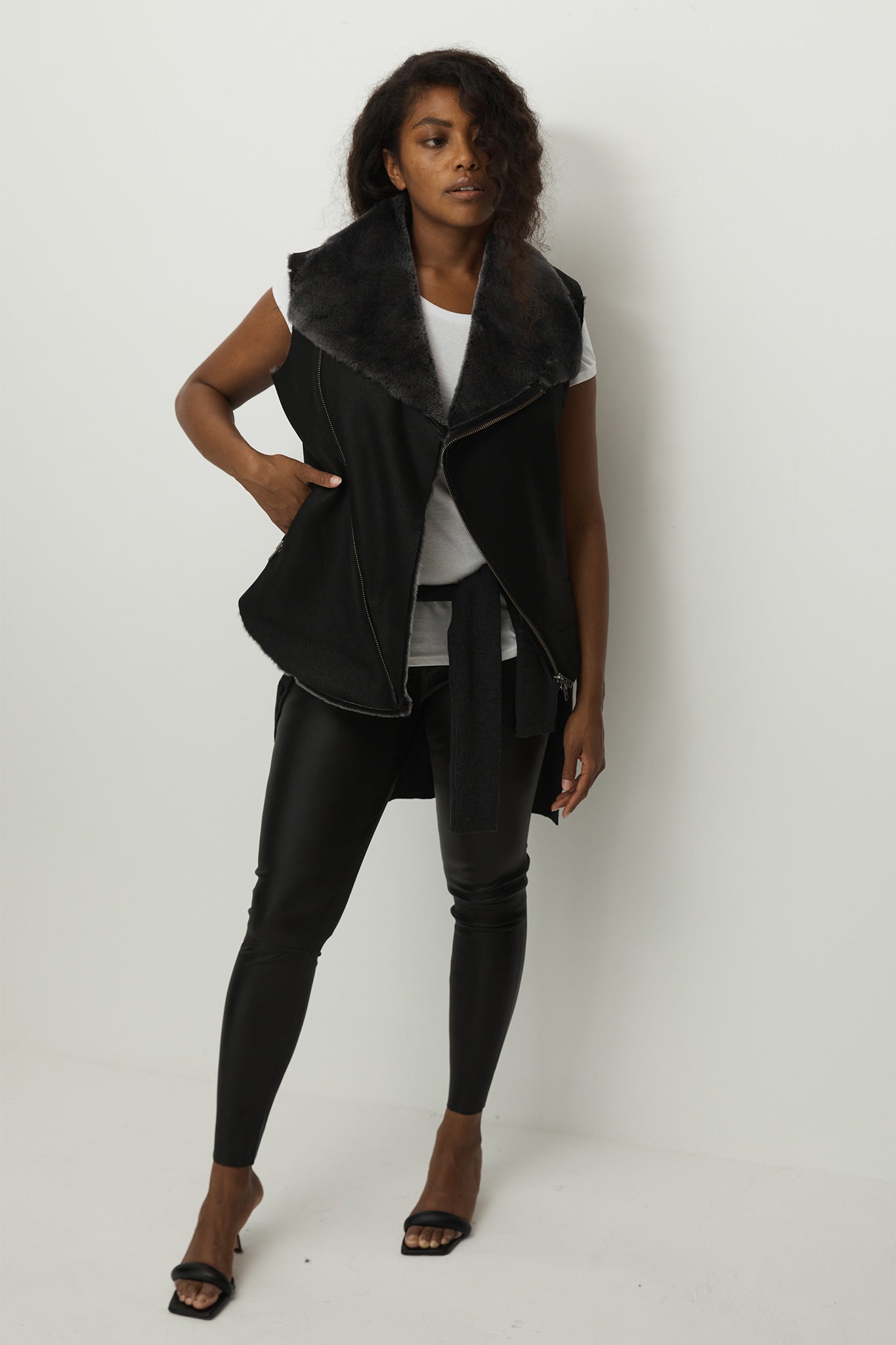 Nolita Drape Vest Black Shearling