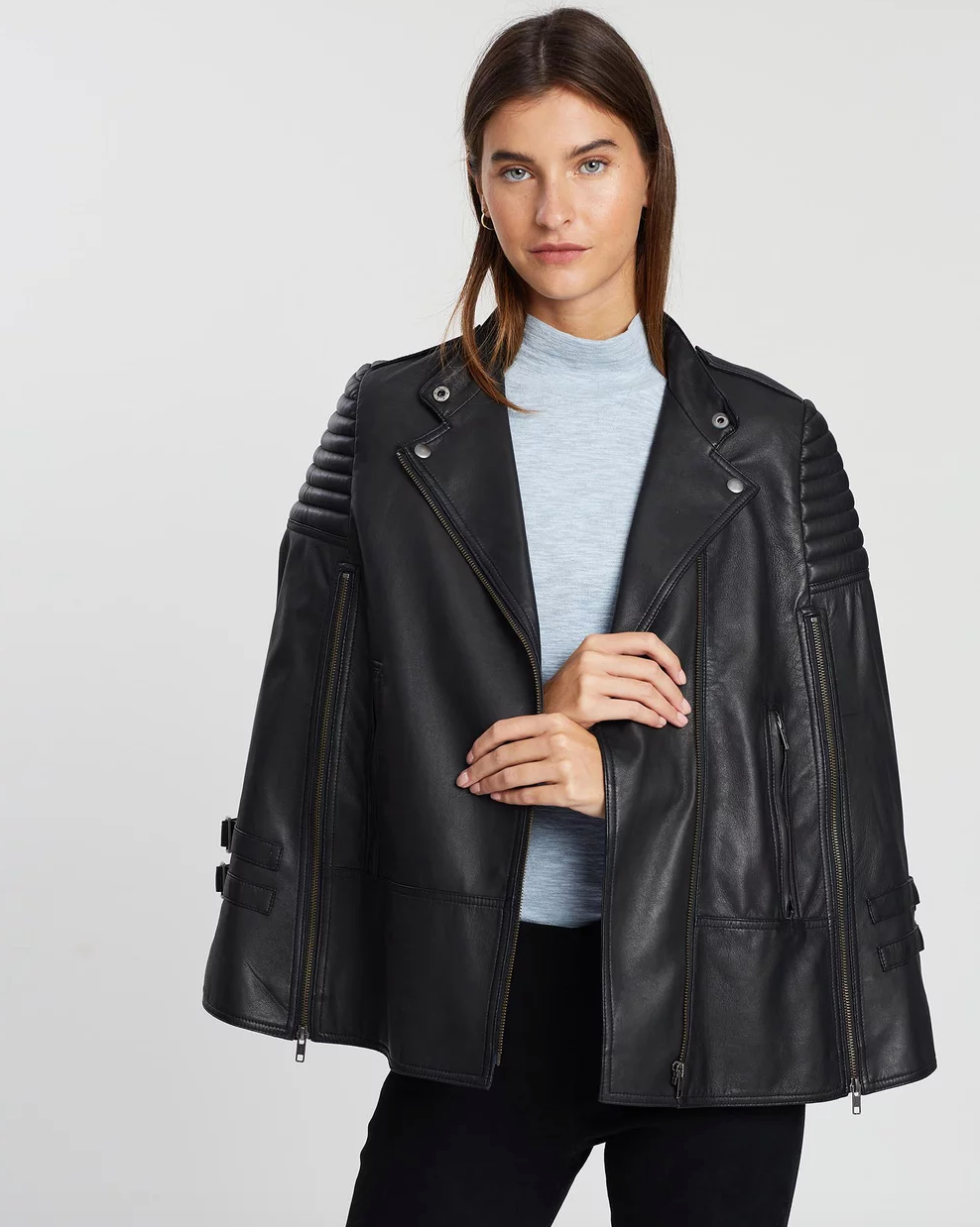 The Crosby Cape Black Womens Lambskin Leather Jacket by West14th