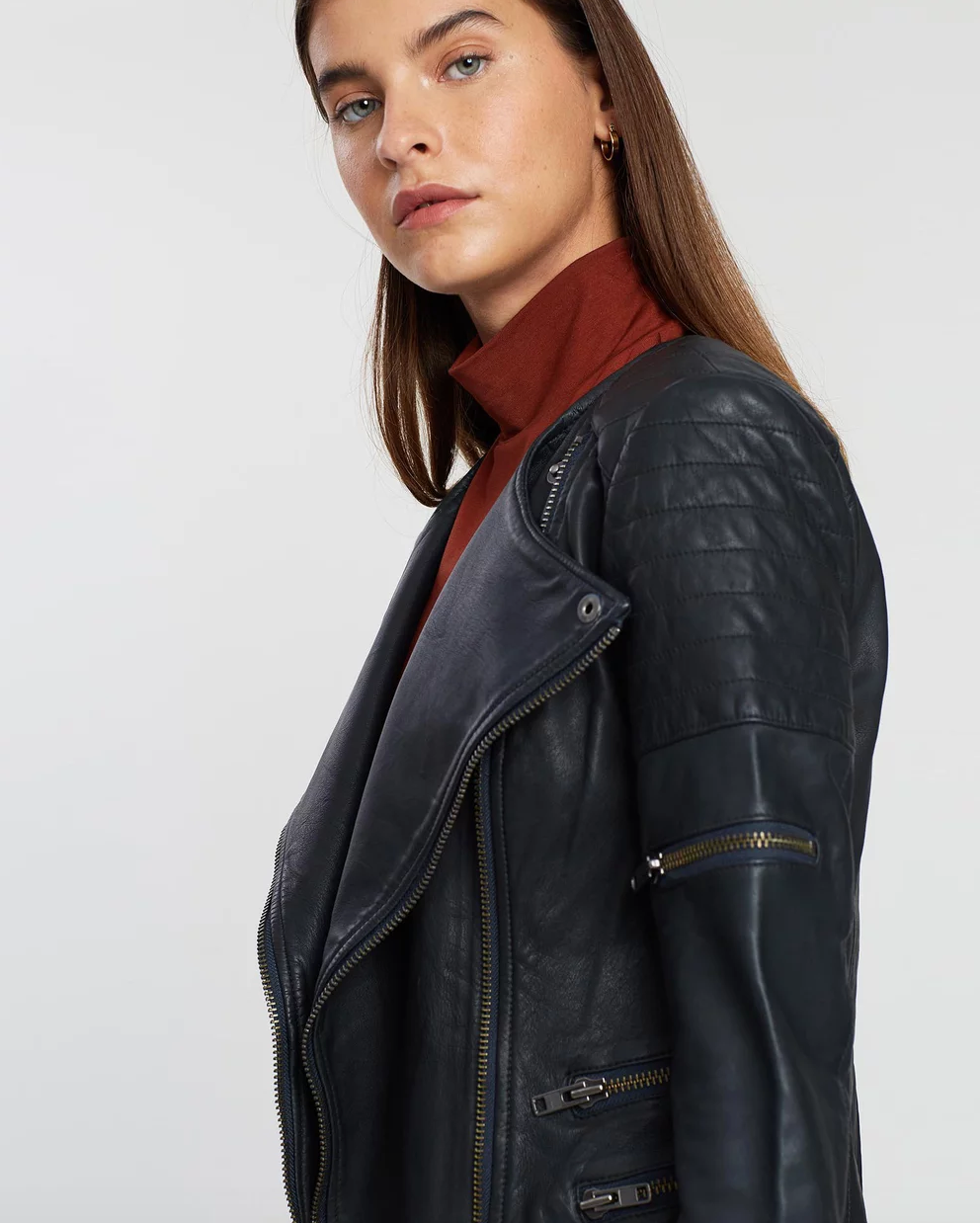 Greenwich Street Motor Jacket Worn In Charcoal Leather - SAMPLE